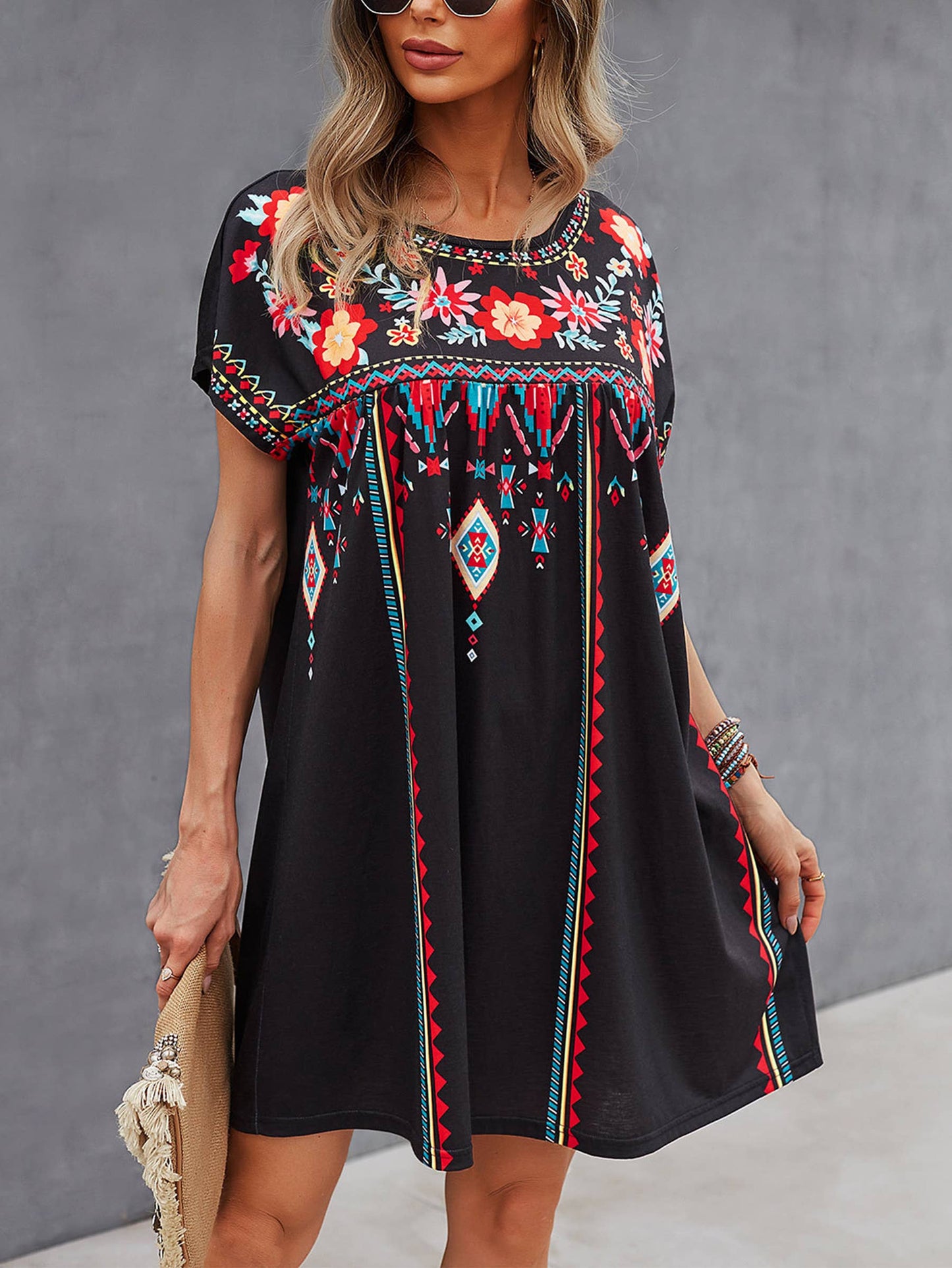 Round Neck Casual Printed Dress