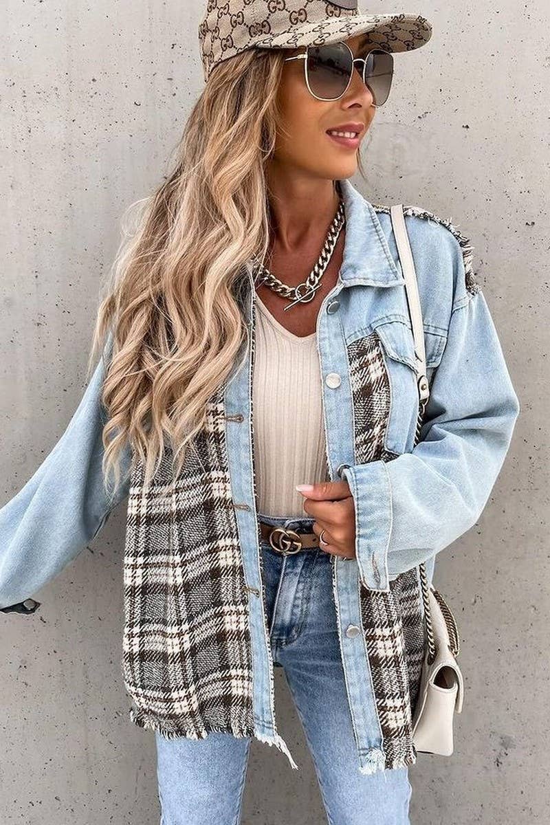 WOMEN DENIM PATCHWORK PLAID JACKET_CWJJ0050