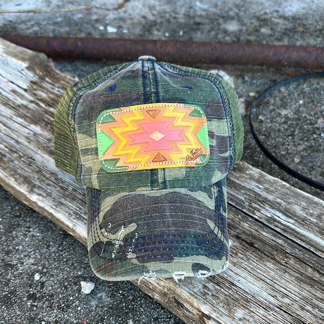 McIntire Camo Low Crown Ponytail- Green Aztec