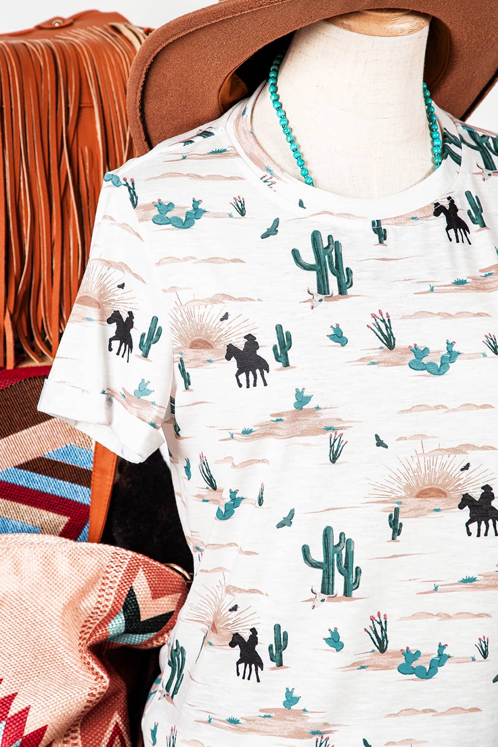 Fashion-W Western Cactus Print Crew Neck Short Sleeve Top