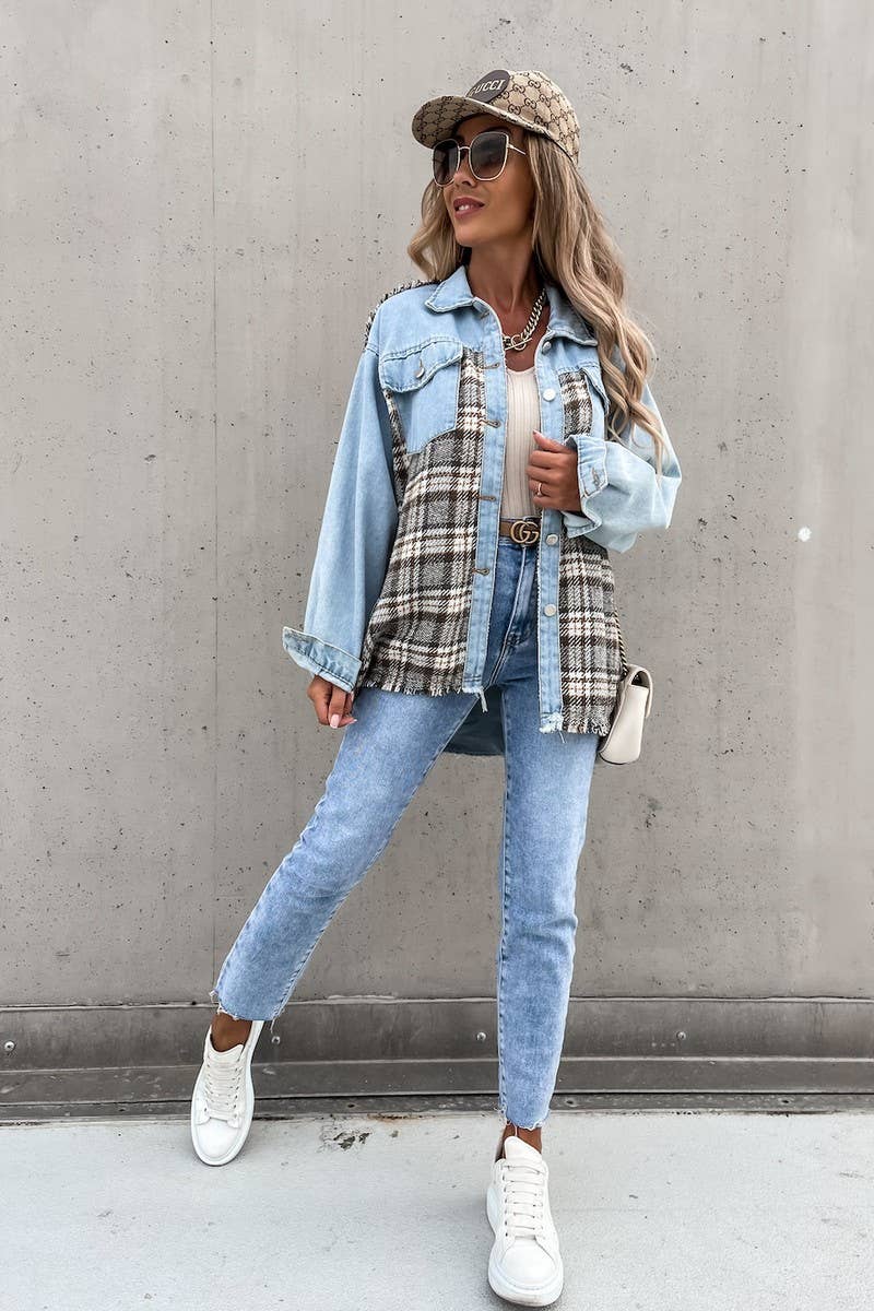 WOMEN DENIM PATCHWORK PLAID JACKET_CWJJ0050