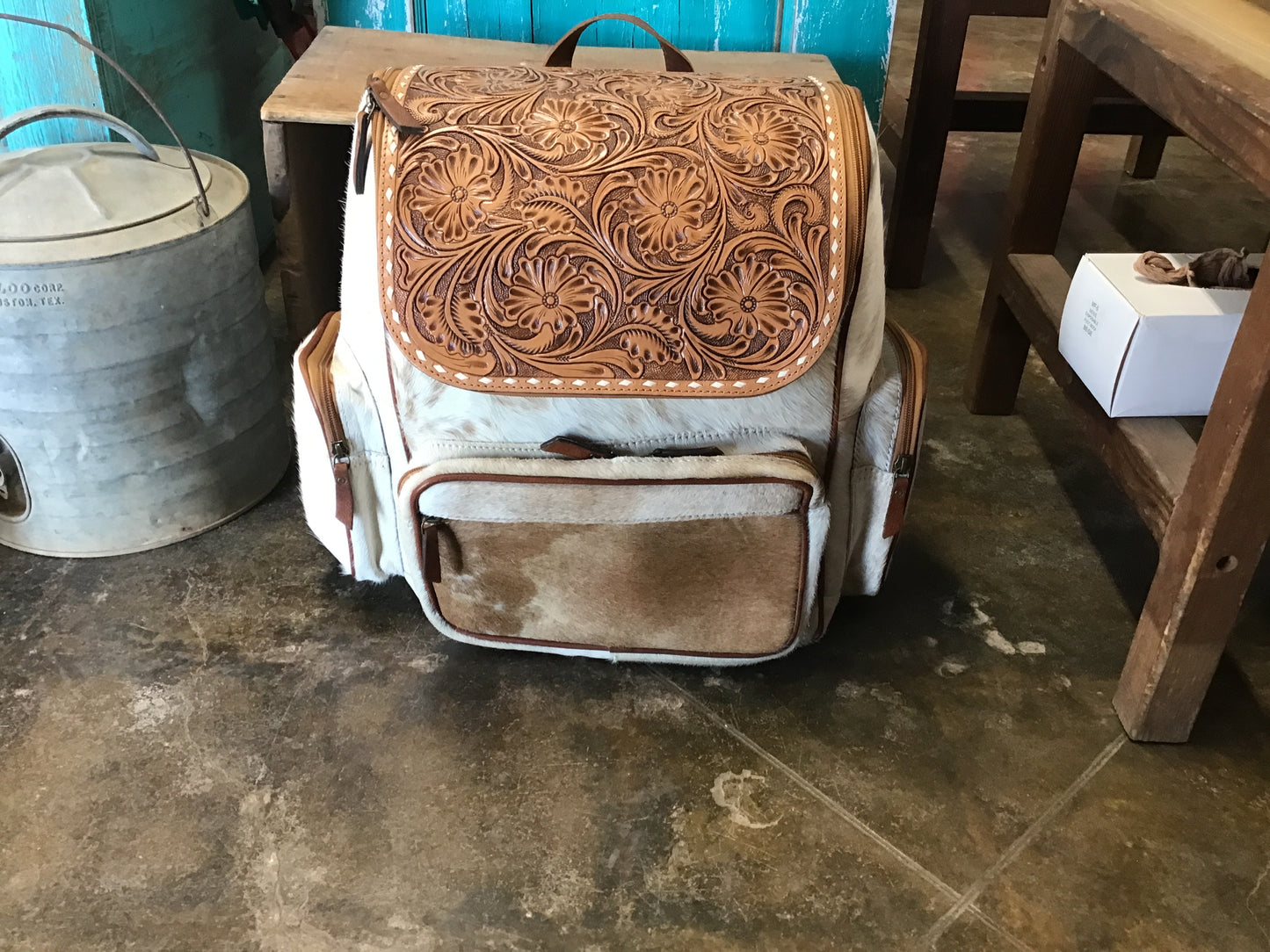 Tooled cowhide backpack