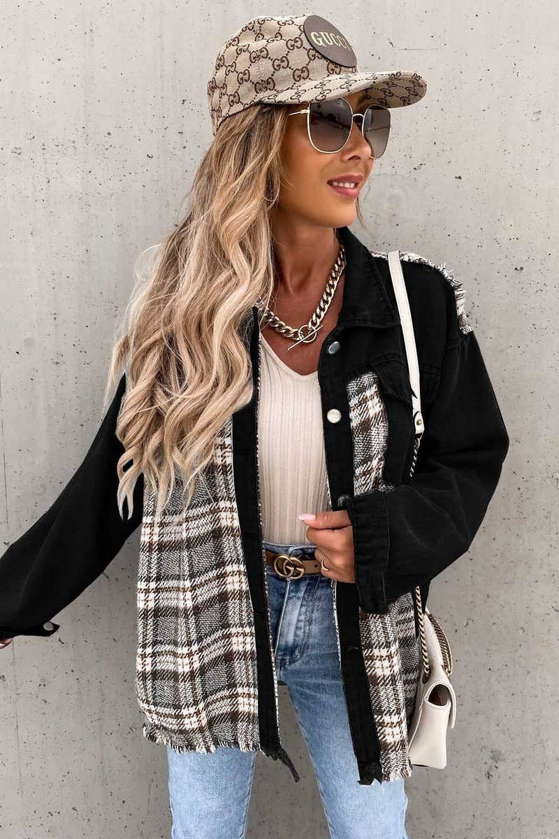 WOMEN DENIM PATCHWORK PLAID JACKET_CWJJ0050