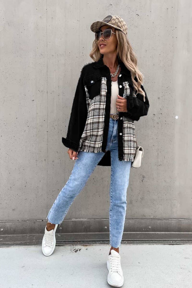 WOMEN DENIM PATCHWORK PLAID JACKET_CWJJ0050
