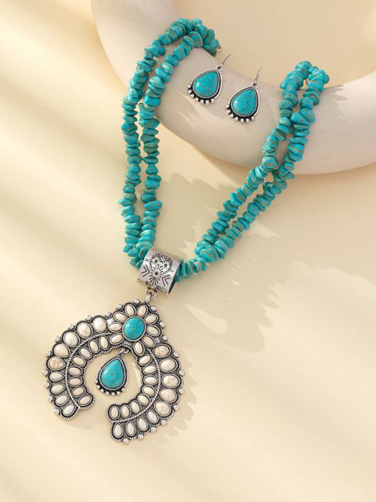 Round Flower Turquoise Pendant Alloy Earring Necklace