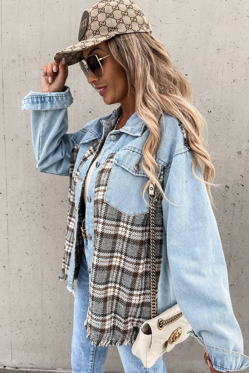 WOMEN DENIM PATCHWORK PLAID JACKET_CWJJ0050