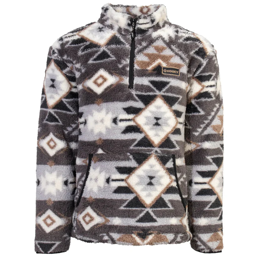 Hooey Men’s Fleece Pullover, Grey Fleece with Aztec Pattern All Over