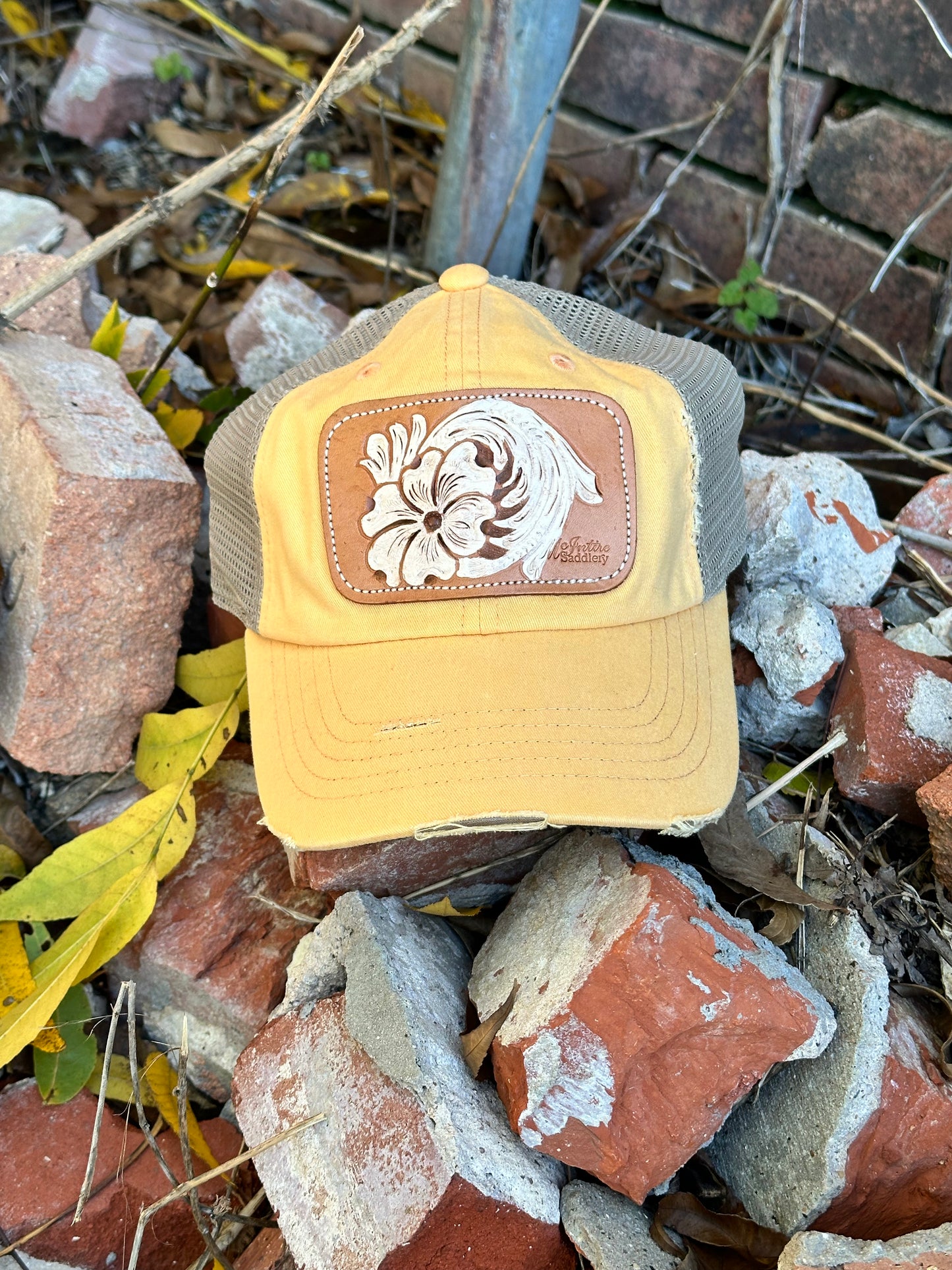 McIntire Yellow distressed low crown- White Floral