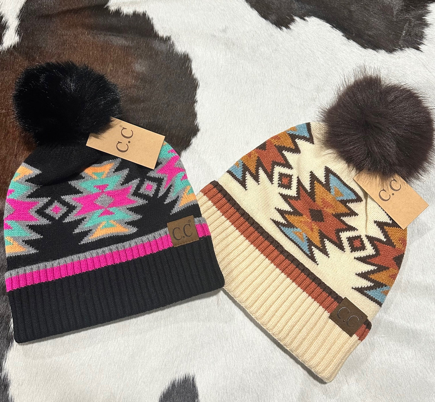 CC Beanie Southwestern Faux Fur Pom