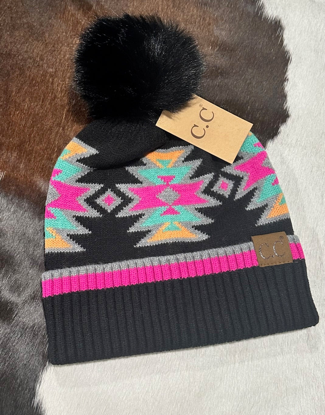 CC Beanie Southwestern Faux Fur Pom