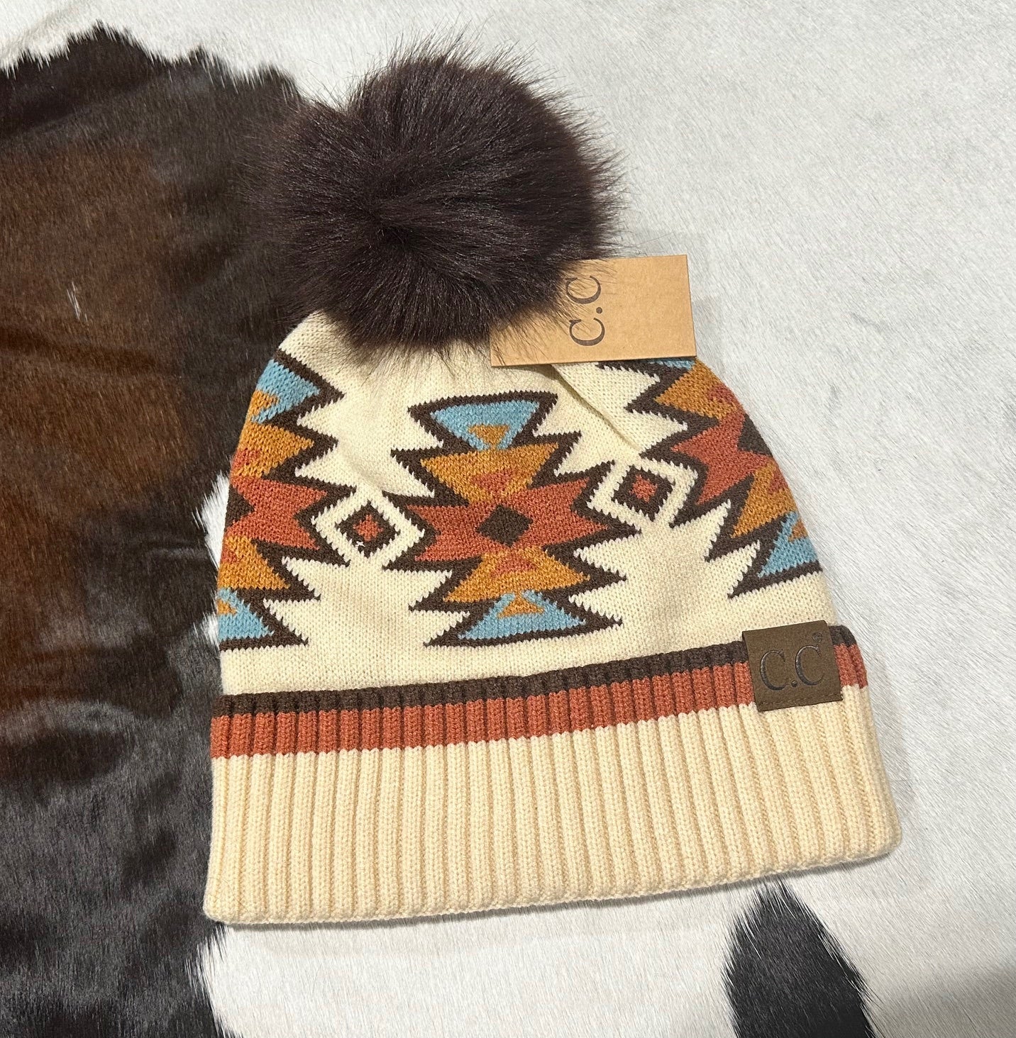 CC Beanie Southwestern Faux Fur Pom