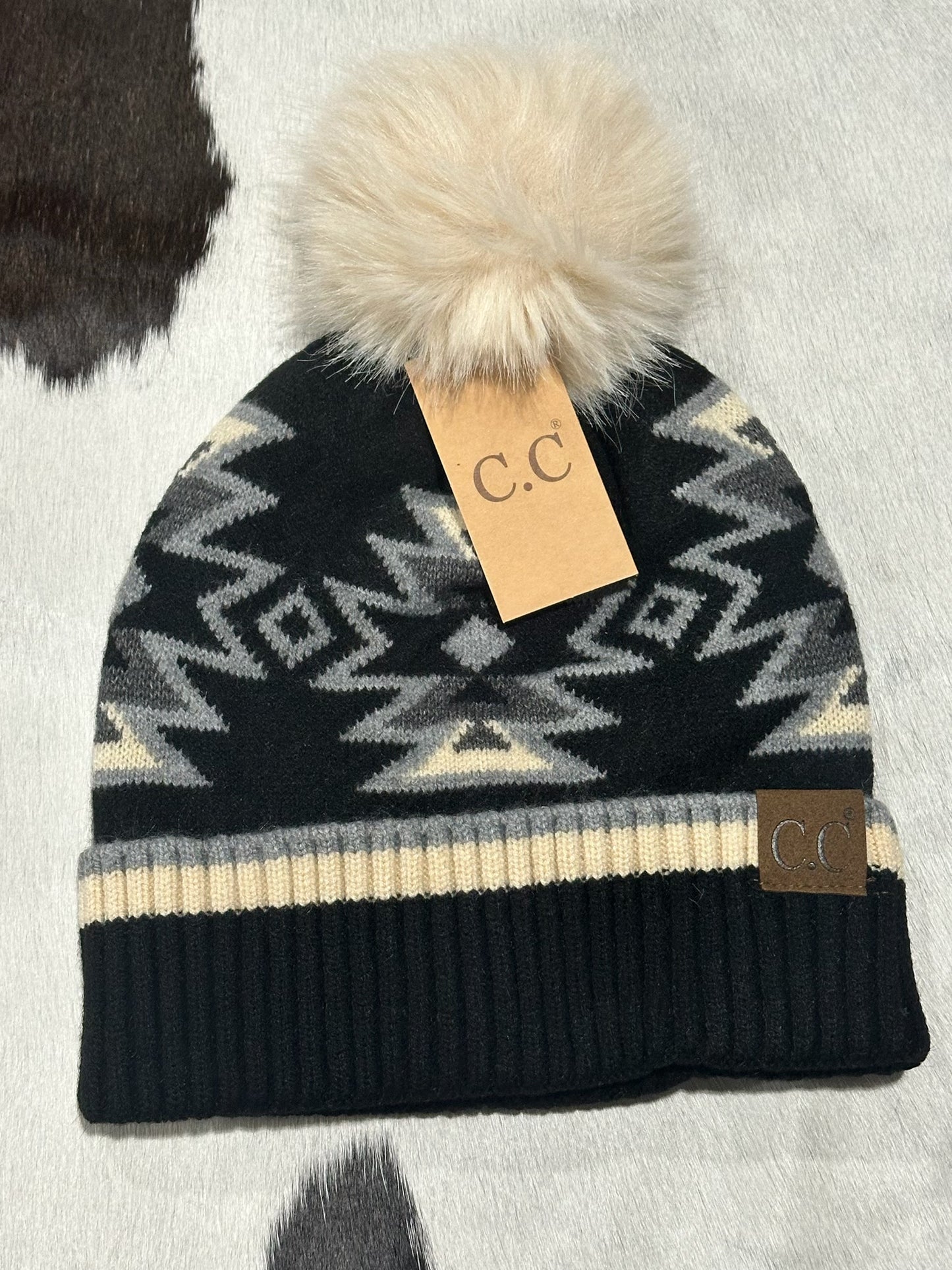 CC Beanie Southwestern Faux Fur Pom