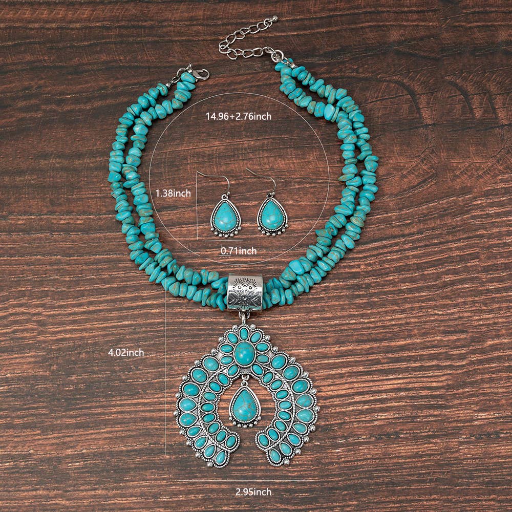 Round Flower Turquoise Pendant Alloy Earring Necklace