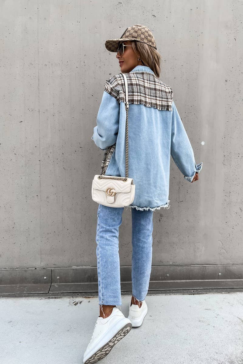 WOMEN DENIM PATCHWORK PLAID JACKET_CWJJ0050