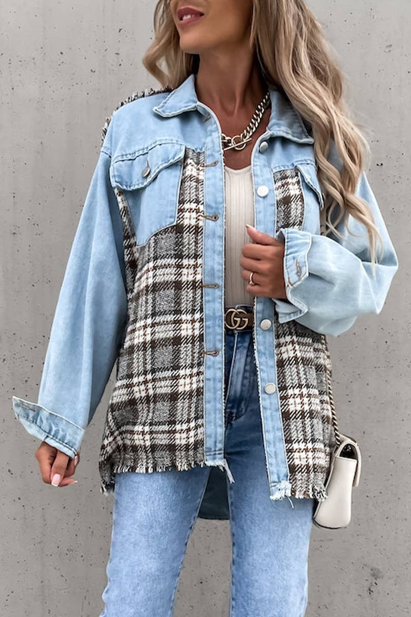 WOMEN DENIM PATCHWORK PLAID JACKET_CWJJ0050