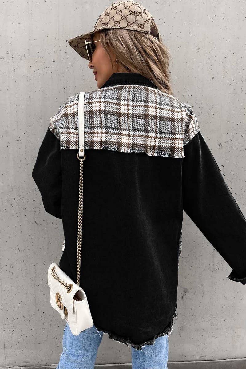 WOMEN DENIM PATCHWORK PLAID JACKET_CWJJ0050