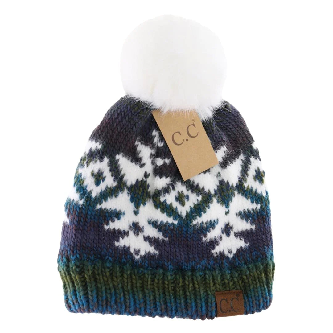 CC Beanie Ombre Aztec Faux Fur Pom