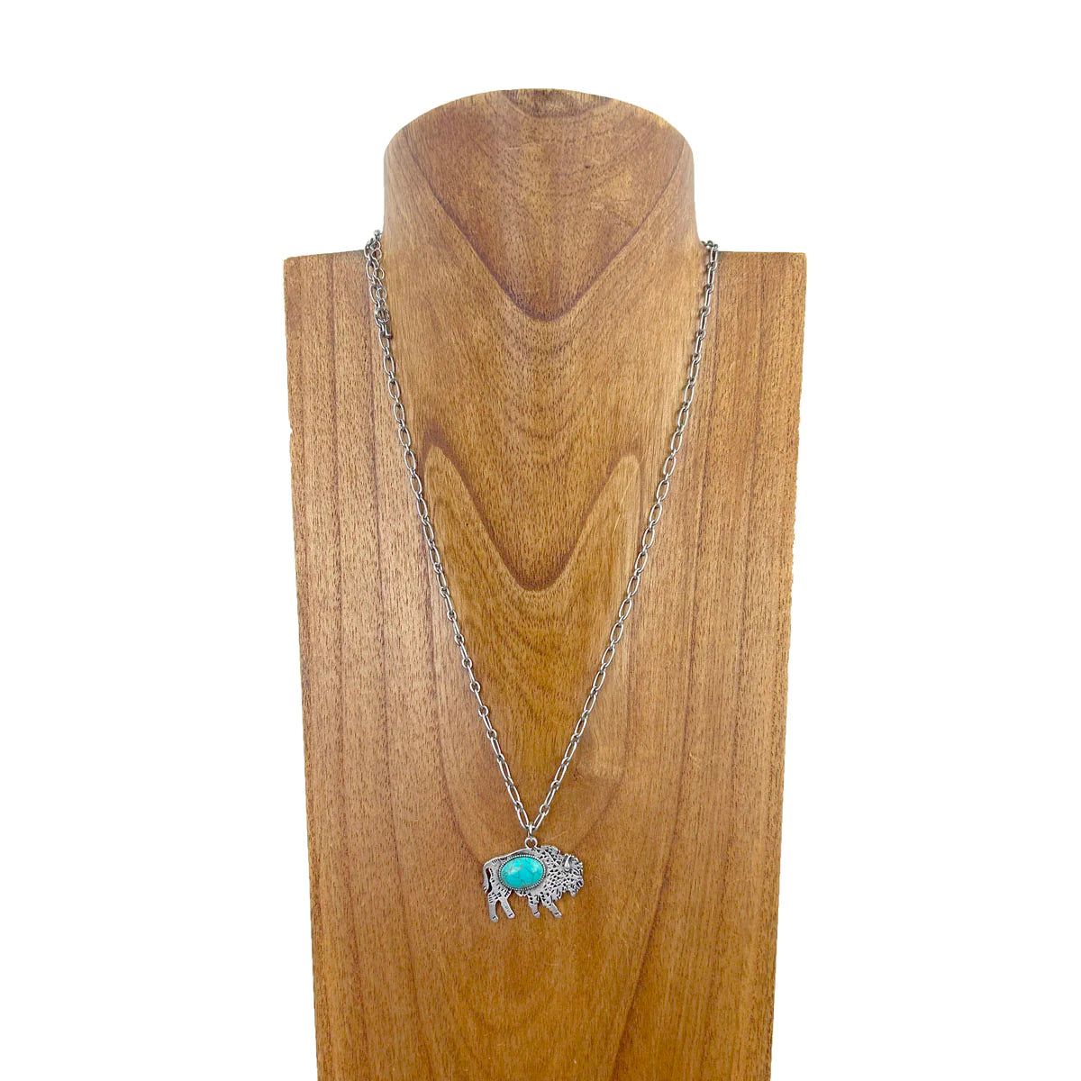 Silver metal chain with center stone metal buffalo pendent Necklace