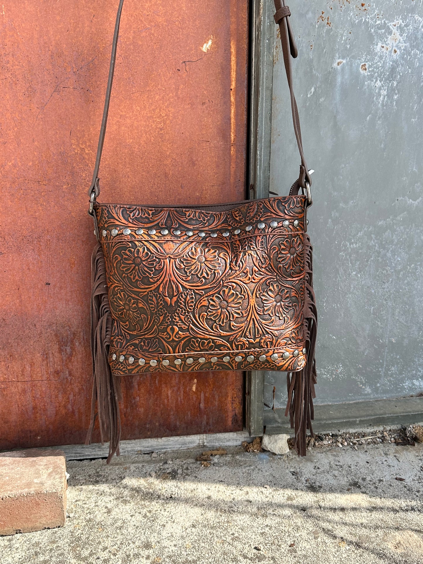 Trinity Ranch Tooled Leather/Fringe Cross Body