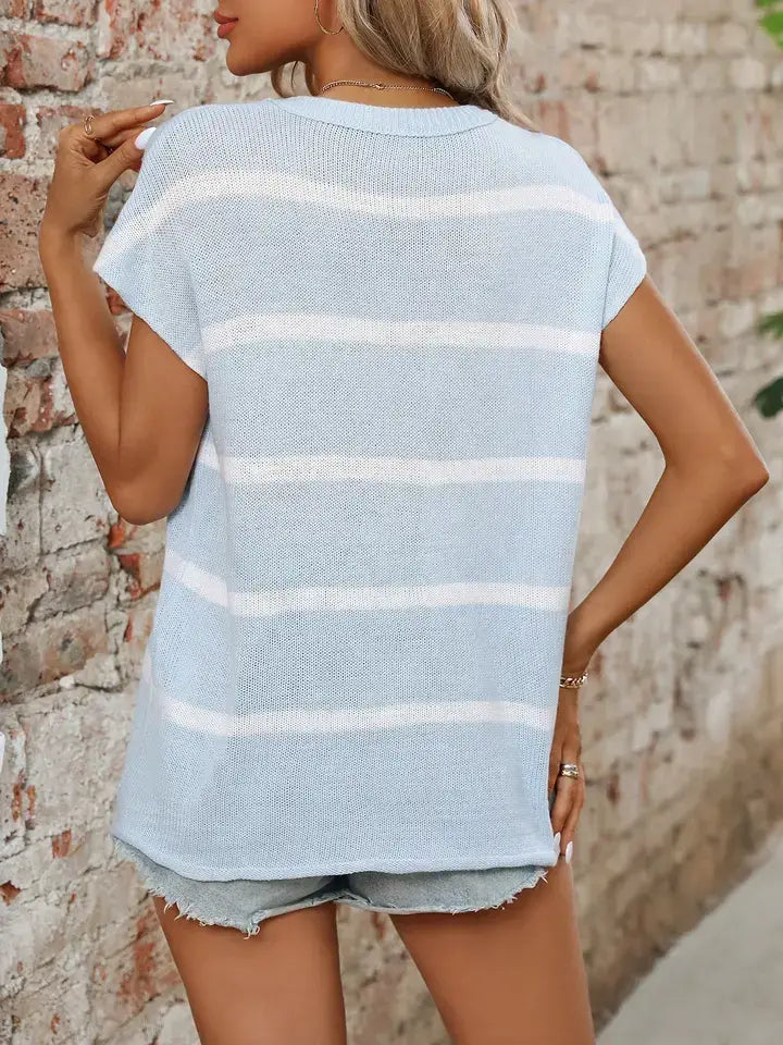 Striped Crewneck Sweater Thick Knit Casual Blouse