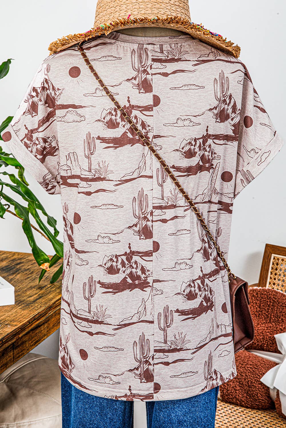 Fashion-W Western Desert Sand Print Short Sleeve Knit Top