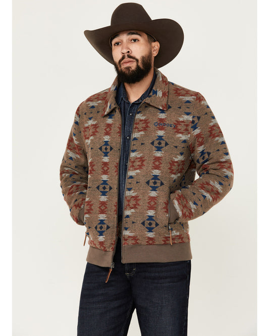 Hooey Men’s Bomber Jacket, Tan / Multi Color Pattern Full Zip with Tan Trims