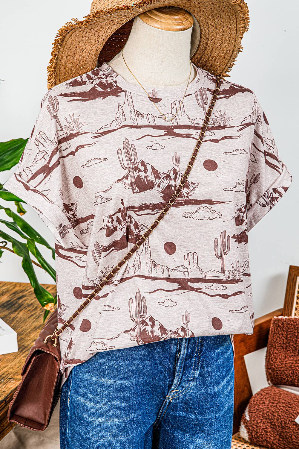 Fashion-W Western Desert Sand Print Short Sleeve Knit Top