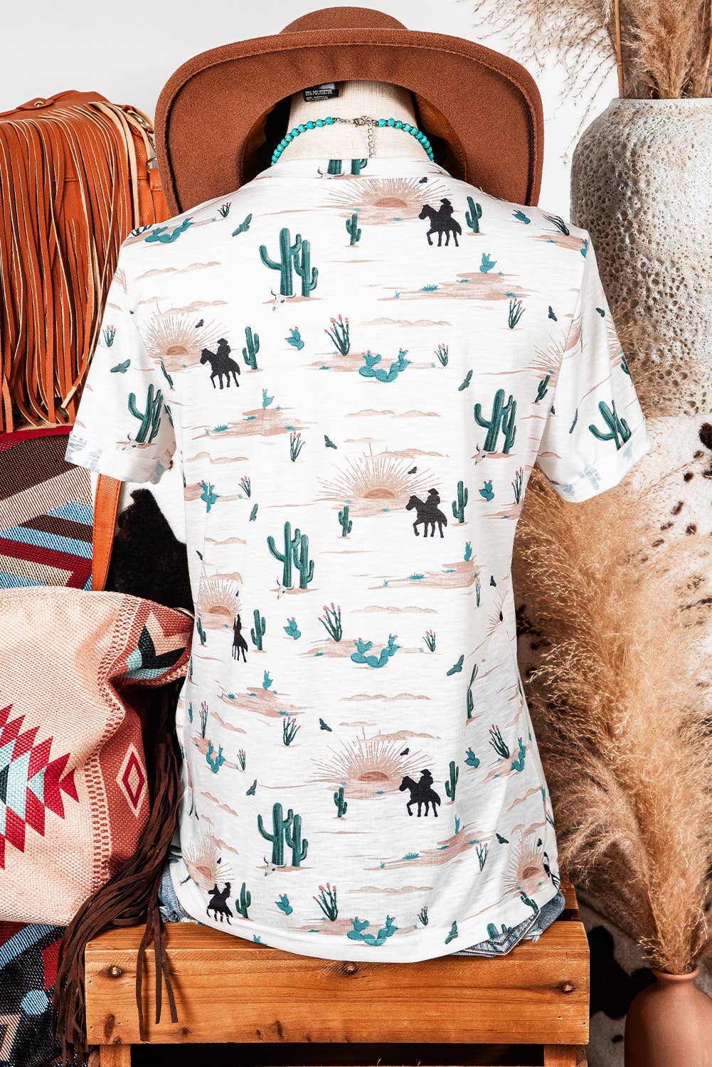 Fashion-W Western Cactus Print Crew Neck Short Sleeve Top