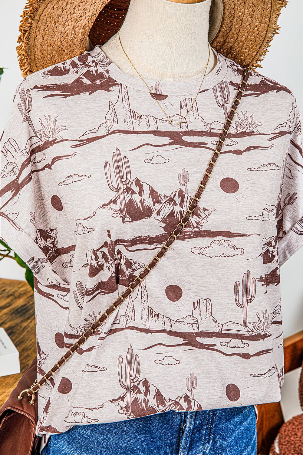 Fashion-W Western Desert Sand Print Short Sleeve Knit Top