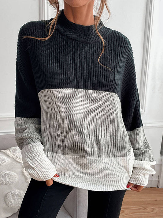 Half High Neck Color Blocked Sweater