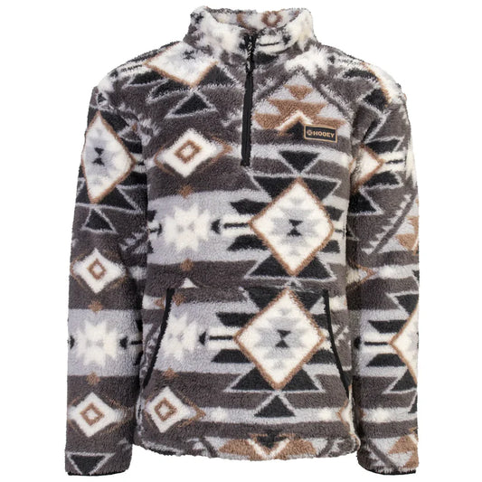 Hooey Men’s Fleece Pullover, Grey Fleece with Aztec Pattern All Over