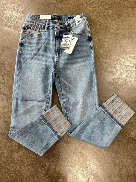 Judy Blue Highwaist Southwestern Cuffed Relaxed Fit Jeans