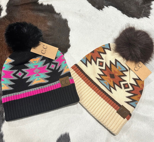 CC Beanie Southwestern Faux Fur Pom