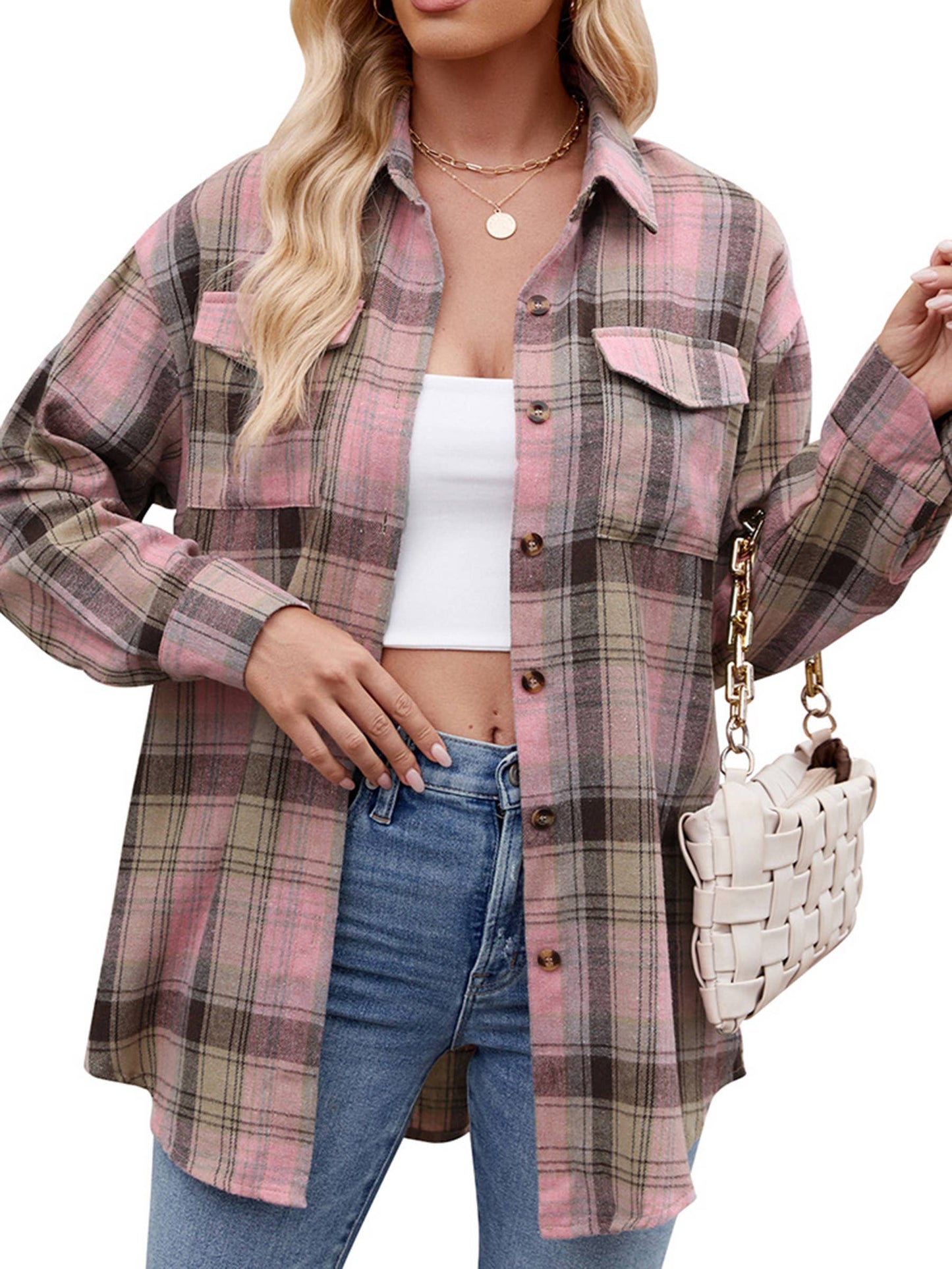 Fashionable Casual Loose Plaid Pocket Shirt