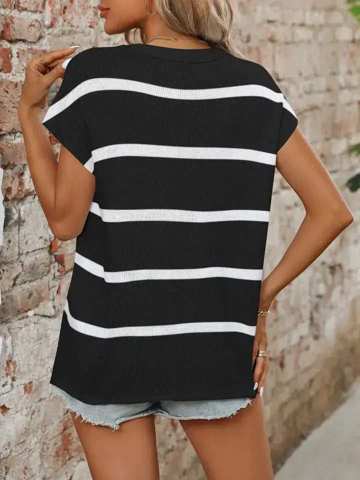 Striped Crewneck Sweater Thick Knit Casual Blouse