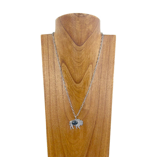 Silver metal chain with center stone metal buffalo pendent Necklace