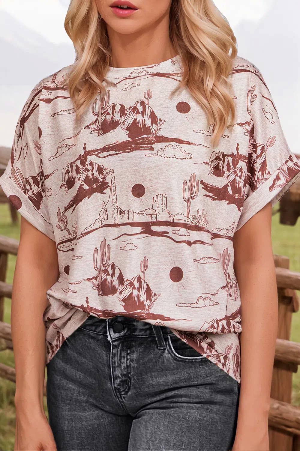 Fashion-W Western Desert Sand Print Short Sleeve Knit Top