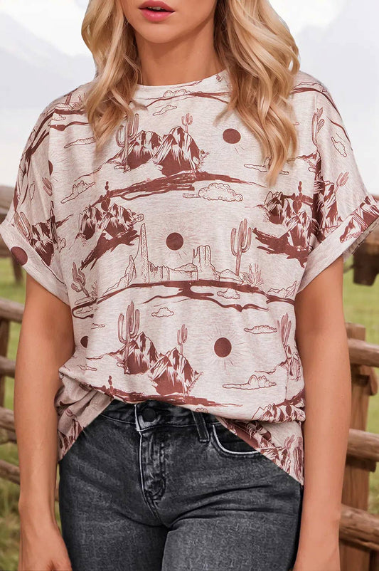 Fashion-W Western Desert Sand Print Short Sleeve Knit Top