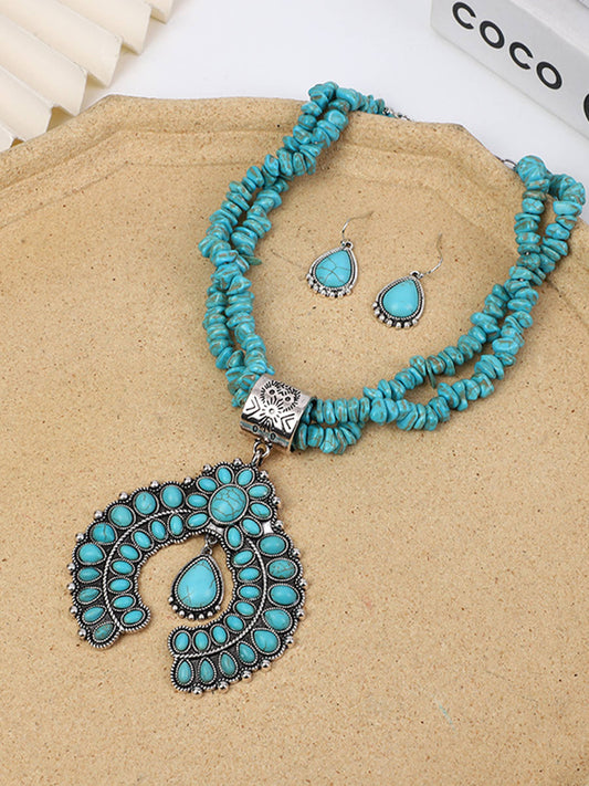 Round Flower Turquoise Pendant Alloy Earring Necklace