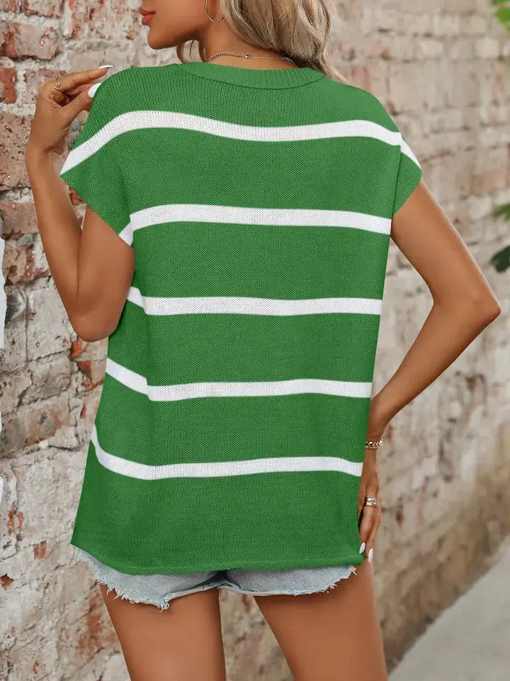 Striped Crewneck Sweater Thick Knit Casual Blouse