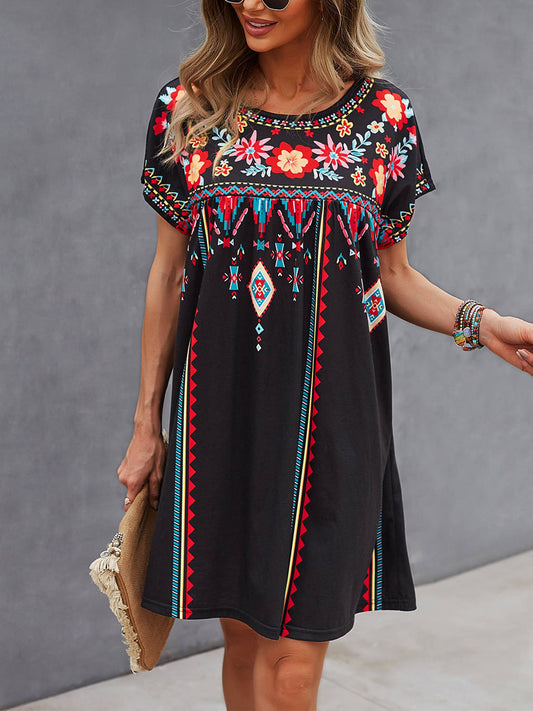 Round Neck Casual Printed Dress