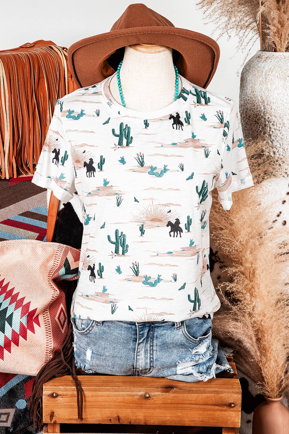 Fashion-W Western Cactus Print Crew Neck Short Sleeve Top