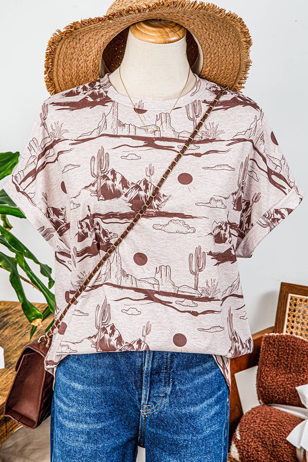 Fashion-W Western Desert Sand Print Short Sleeve Knit Top