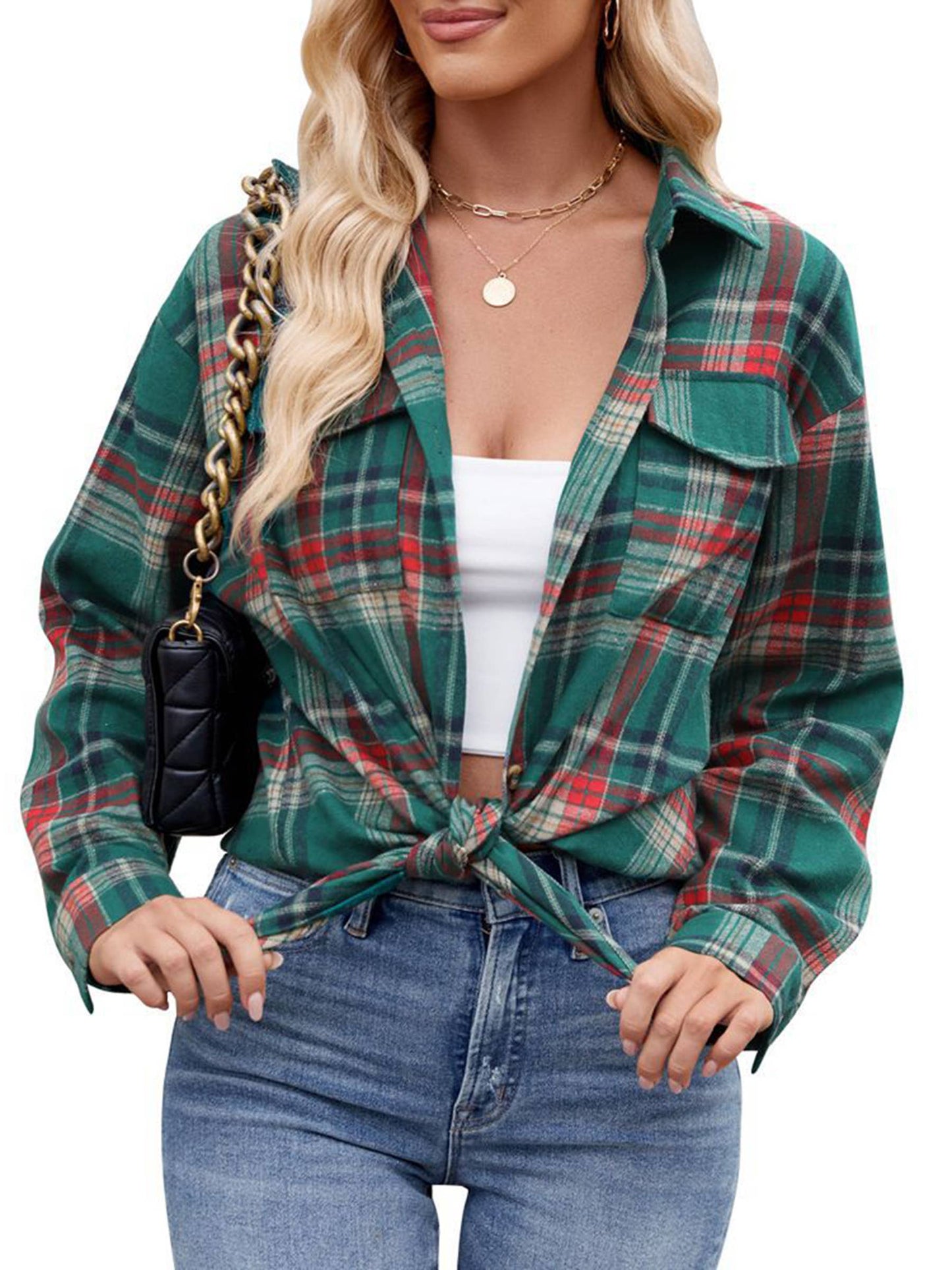Fashionable Casual Loose Plaid Pocket Shirt