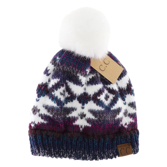 CC Beanie Ombre Aztec Faux Fur Pom