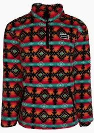 Hooey Ladies Fleece Pullover, Orange Fleece with Black / Turquoise Pattern All Over