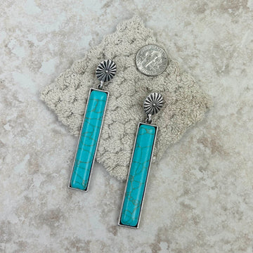 Small silver concho with long bar stone Earrings