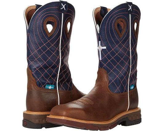 Twisted X Men's Mocha Brown and Navy Blue with Cross Embroidery Waterproof Wide Square Alloy Toe Work Boot
