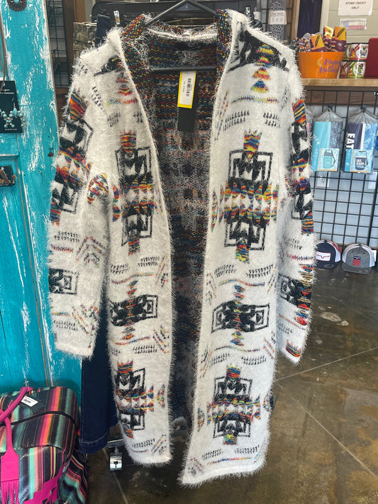 Long Hooded Ivory Rainbow Cardigan