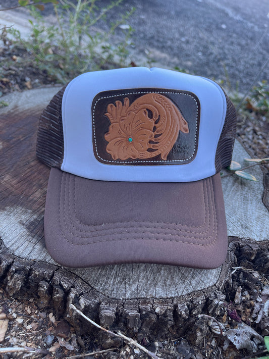 McIntire Brown Foam Trucker Turq Dot